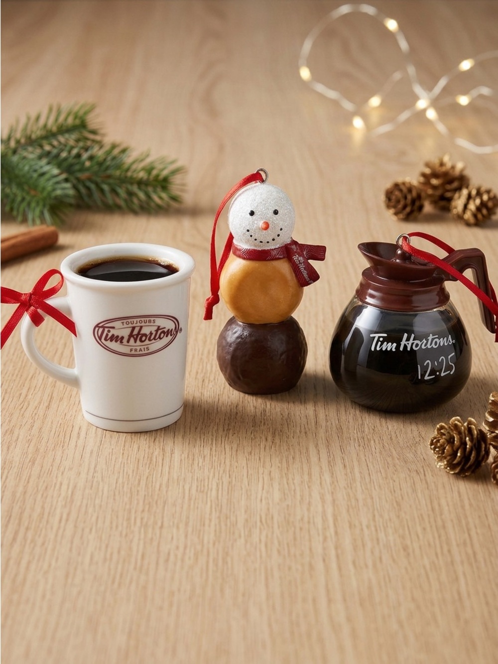 Tim Hortons Christmas Ornament Set of 3 2010 2011 Timbit Snowman Coffee Pot Cup